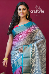 Dark magenta hand block print zari border pure tussar silk sari colorful patterned saree 2