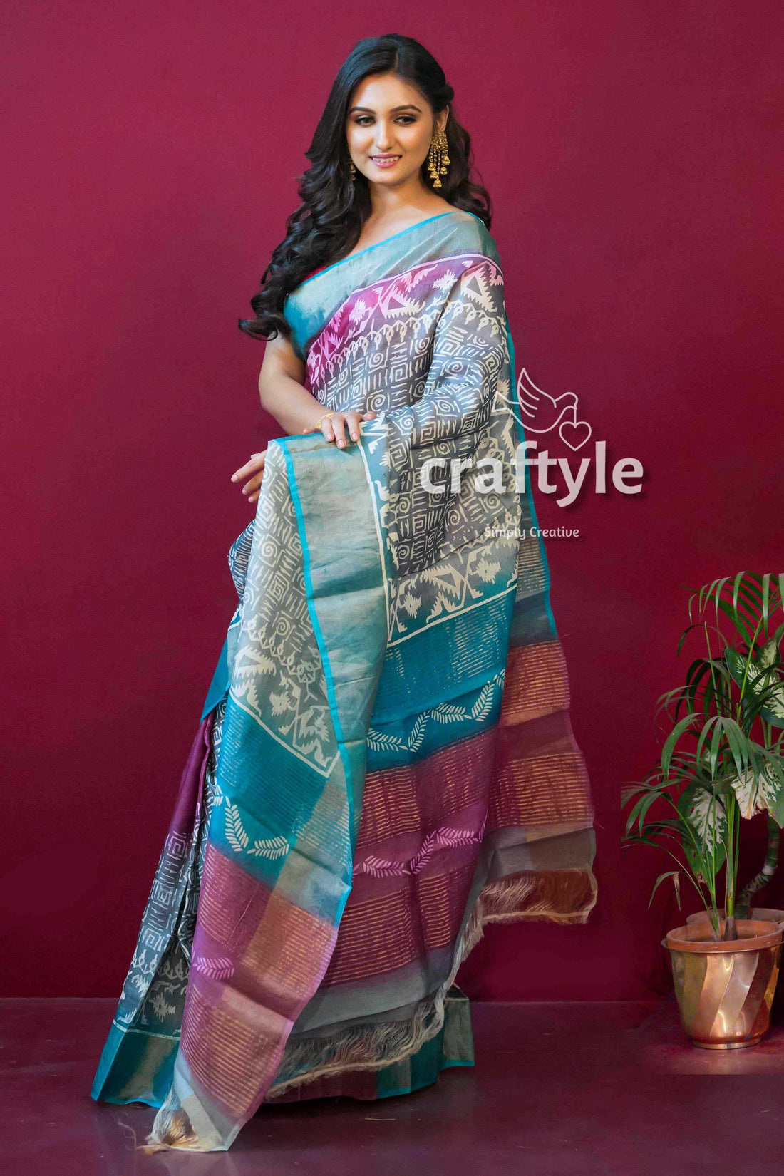 Dark Magenta Hand Block Print Zari Border Pure Tussar Silk Sari - Craftyle