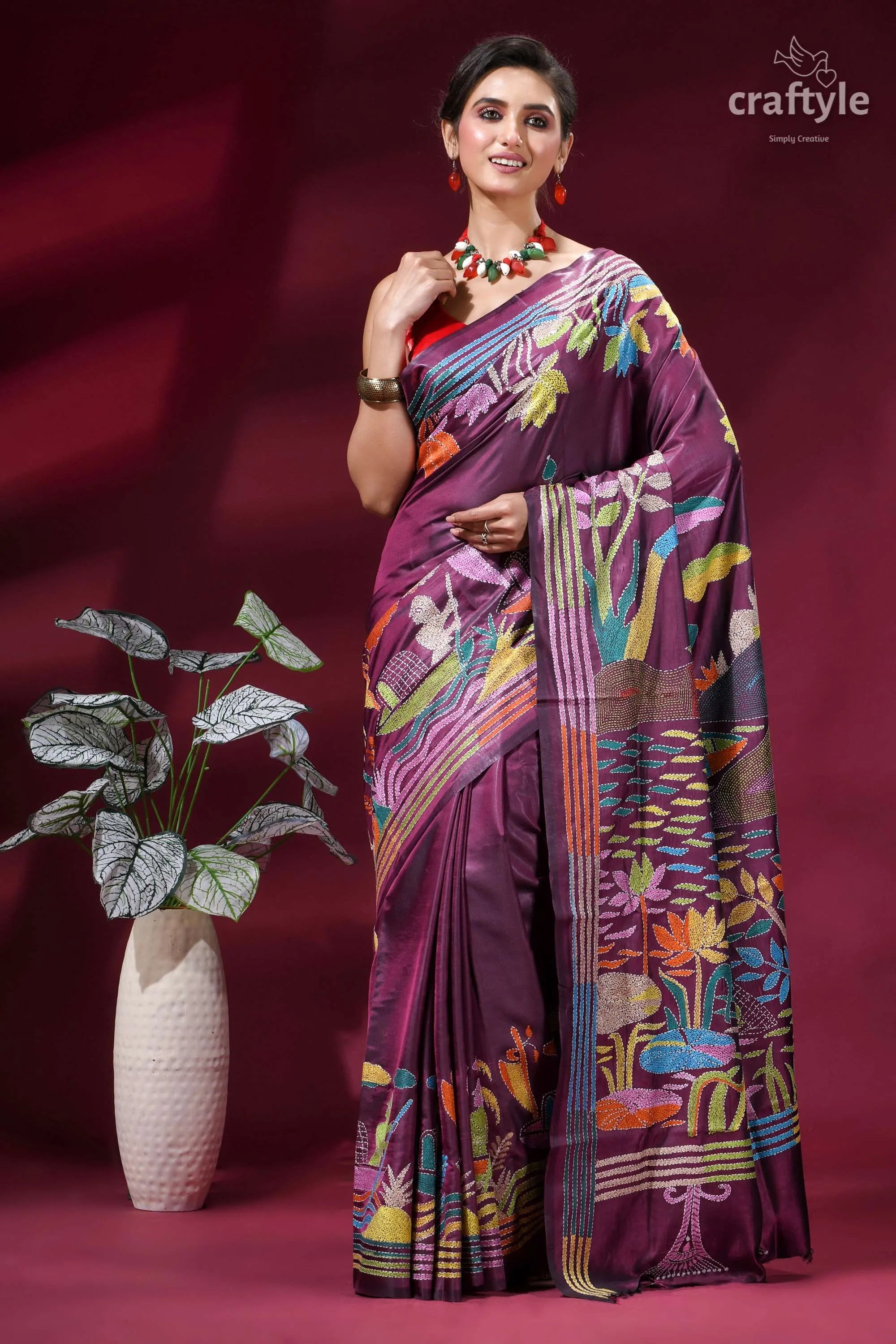 Dark mauve village theme handmade silk kantha saree vibrant purple silk saree adorned 6