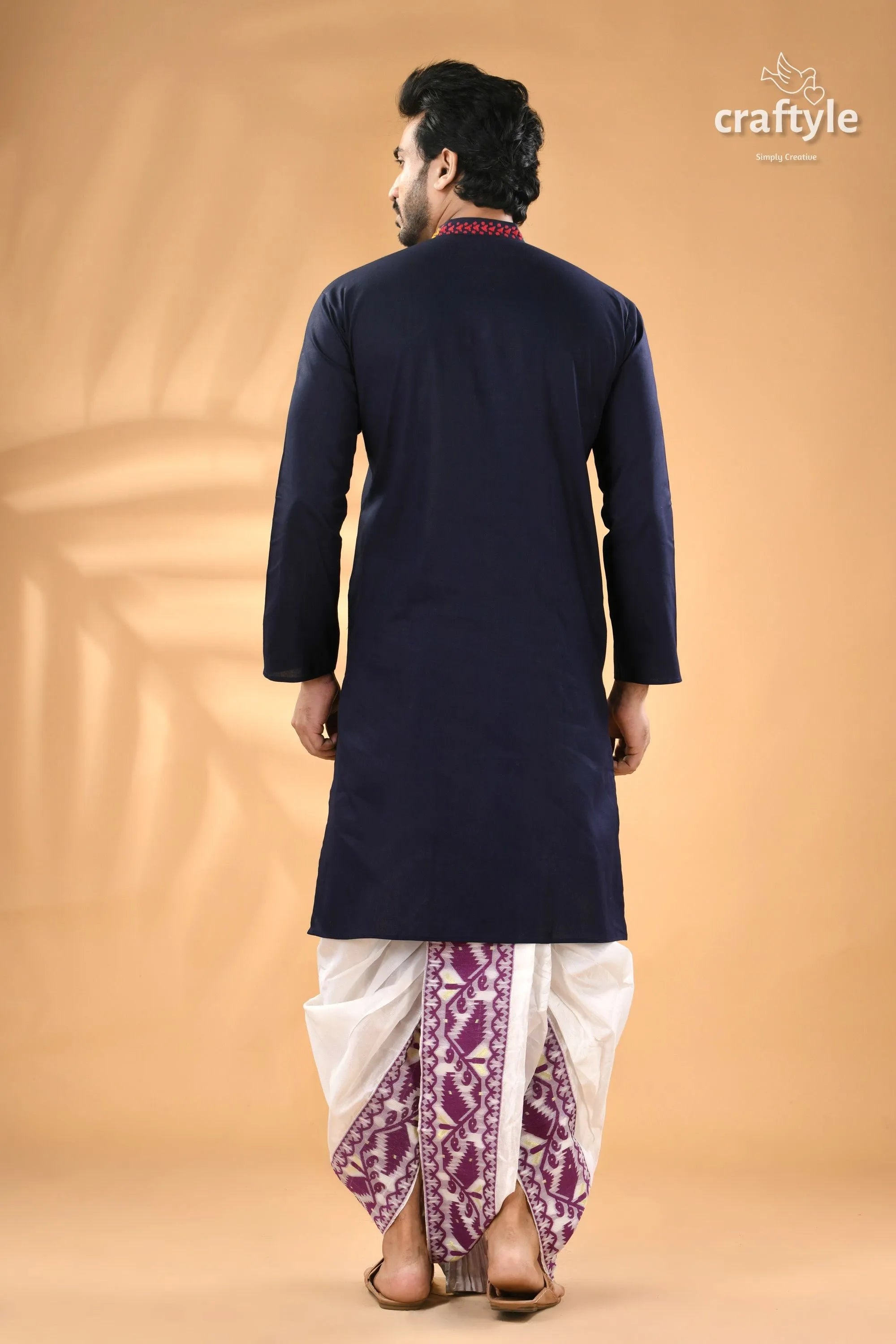 Dark midnight blue kantha work cotton kurta for men man’s navy white 6