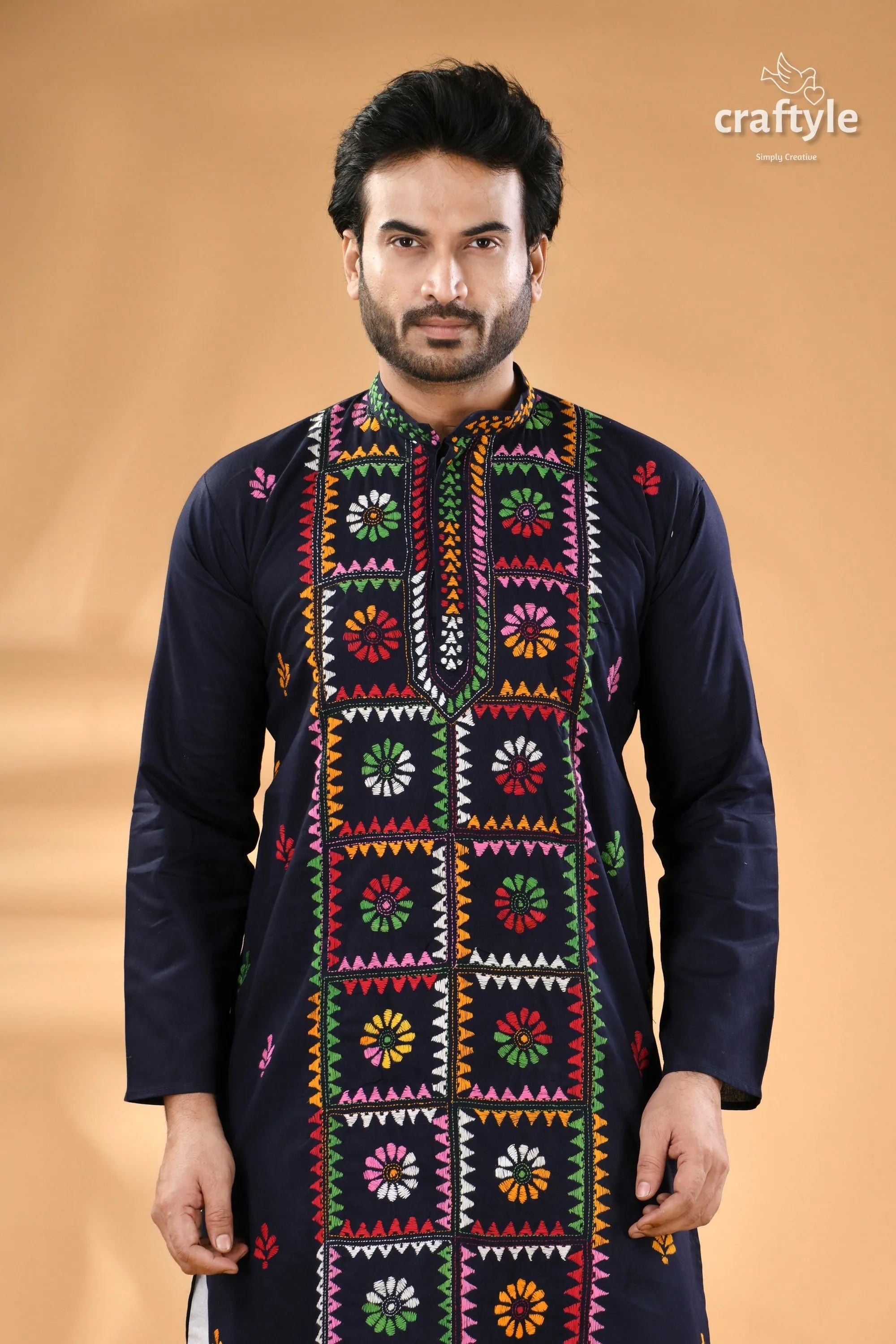 Dark midnight blue kantha work cotton kurta for men men’s colorful 2