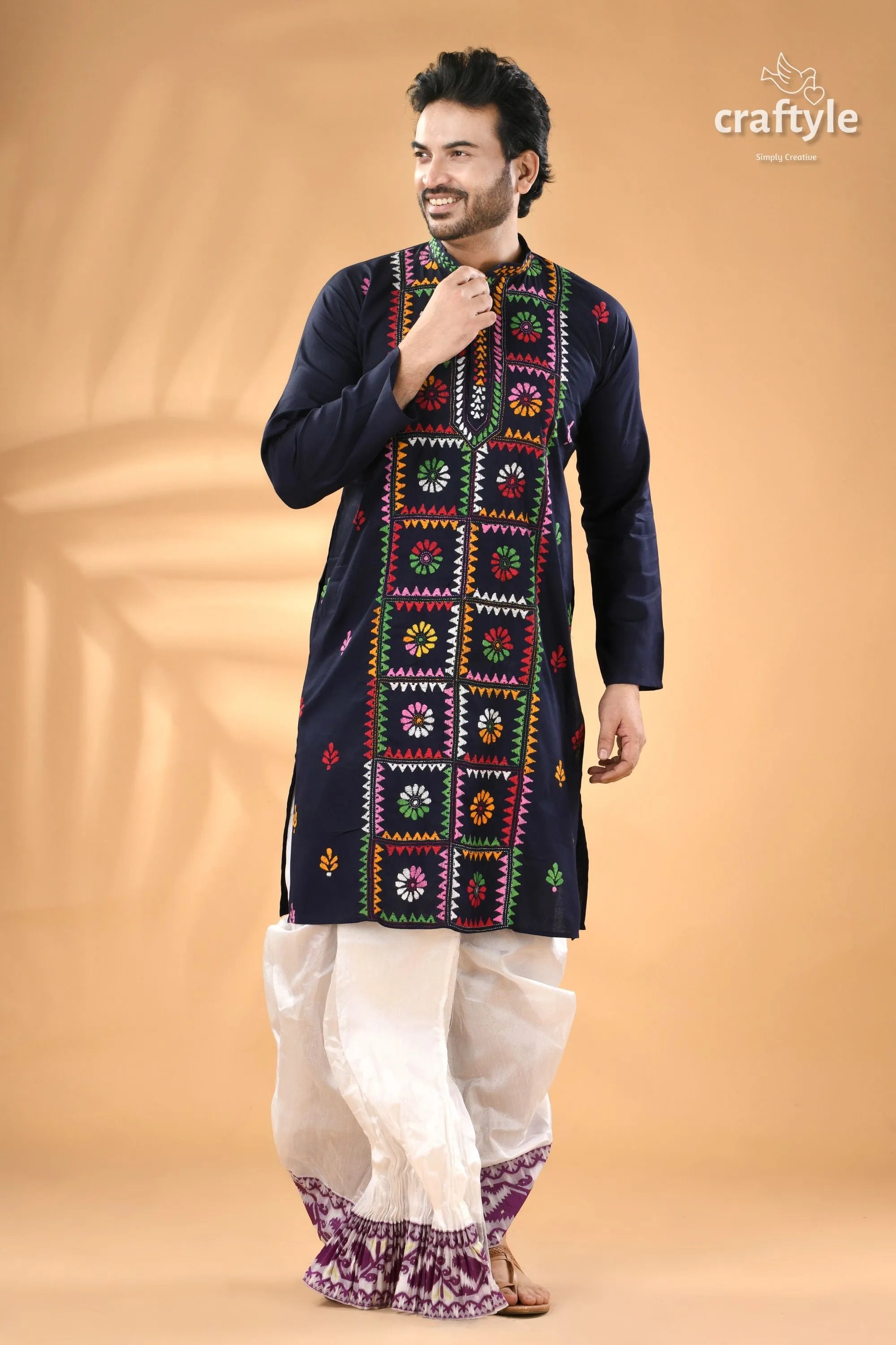 Dark midnight blue kantha work cotton kurta for men men’s navy colorful 5