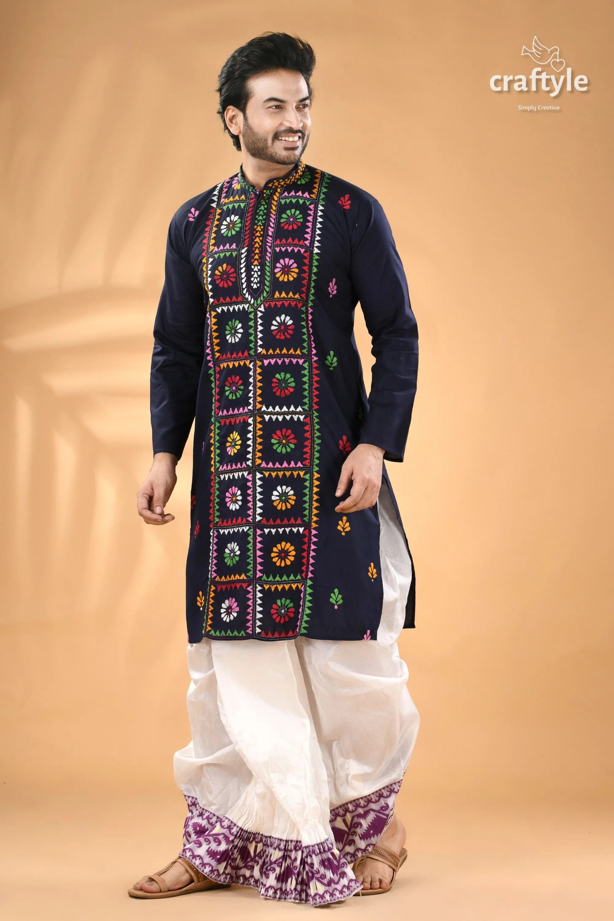 Dark midnight blue kantha work cotton kurta for men men’s navy embroidered 4