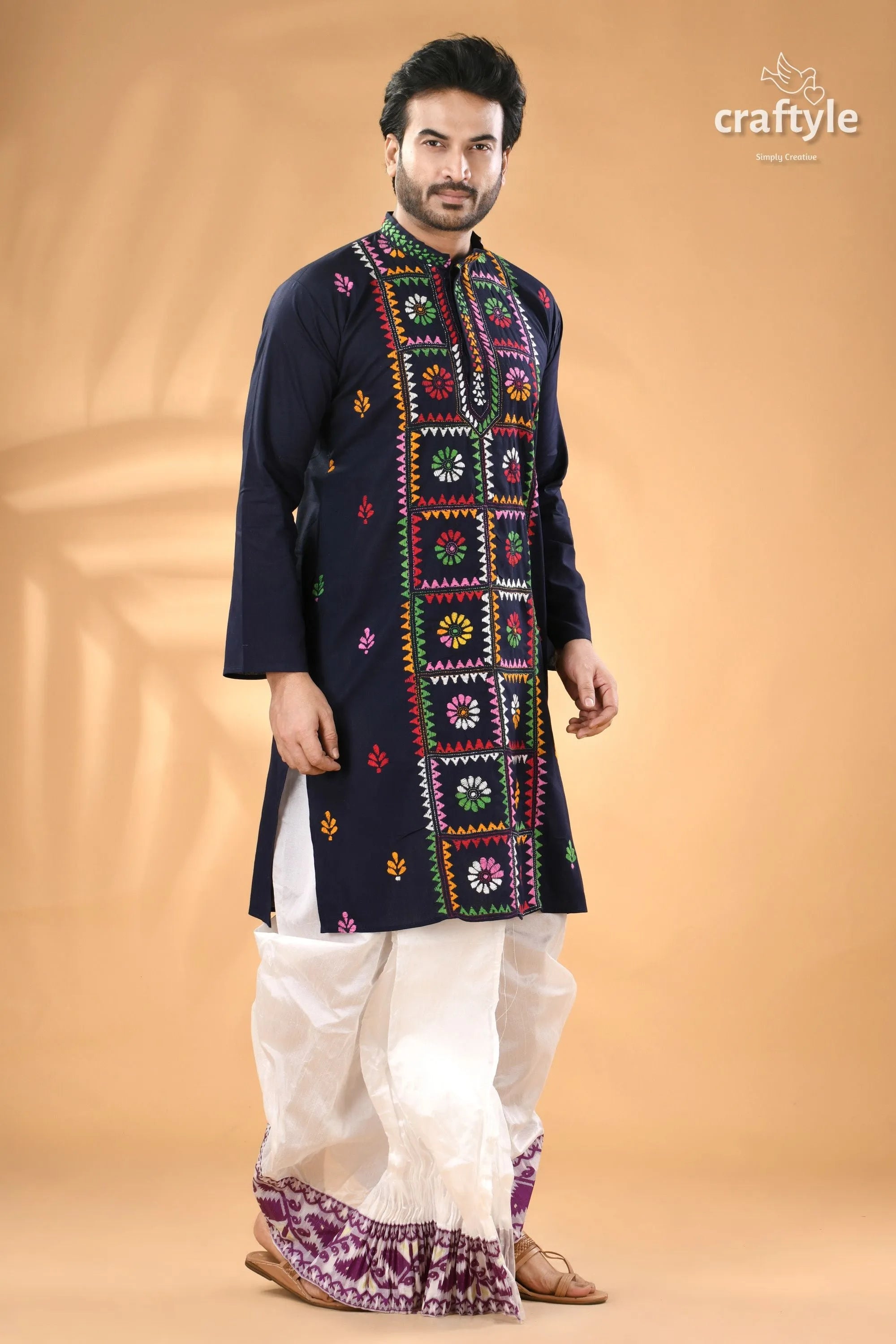 Dark midnight blue kantha work cotton kurta for men men’s embroidered 3