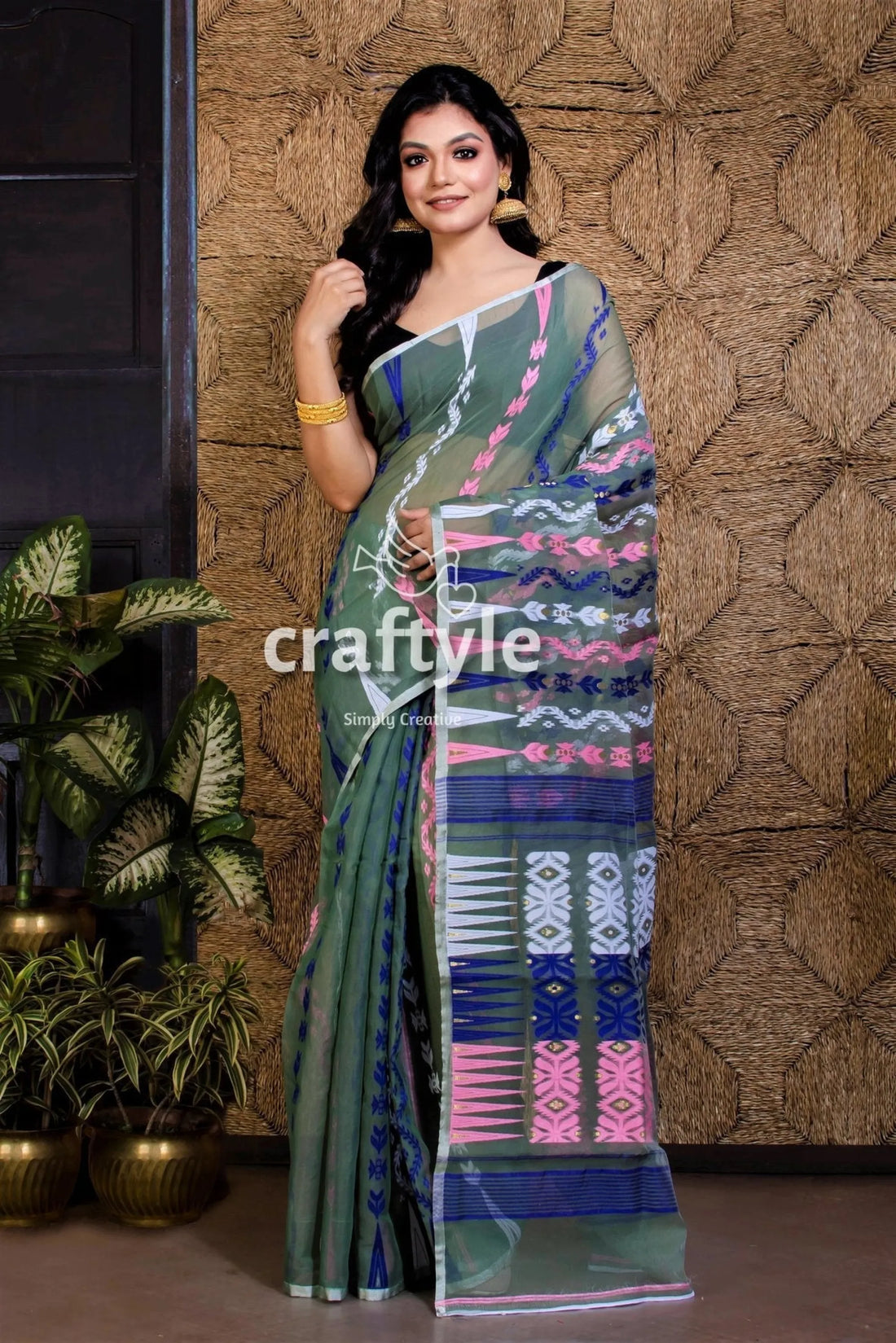 Dark moss green handloom jamdani saree woman patterned 1
