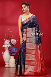 Dark navy blue kosha silk saree - vibrant and stylish elegant blue red saree 3