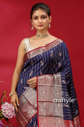 Dark navy blue kosha silk saree - vibrant and stylish elegant blue saree silver red 2