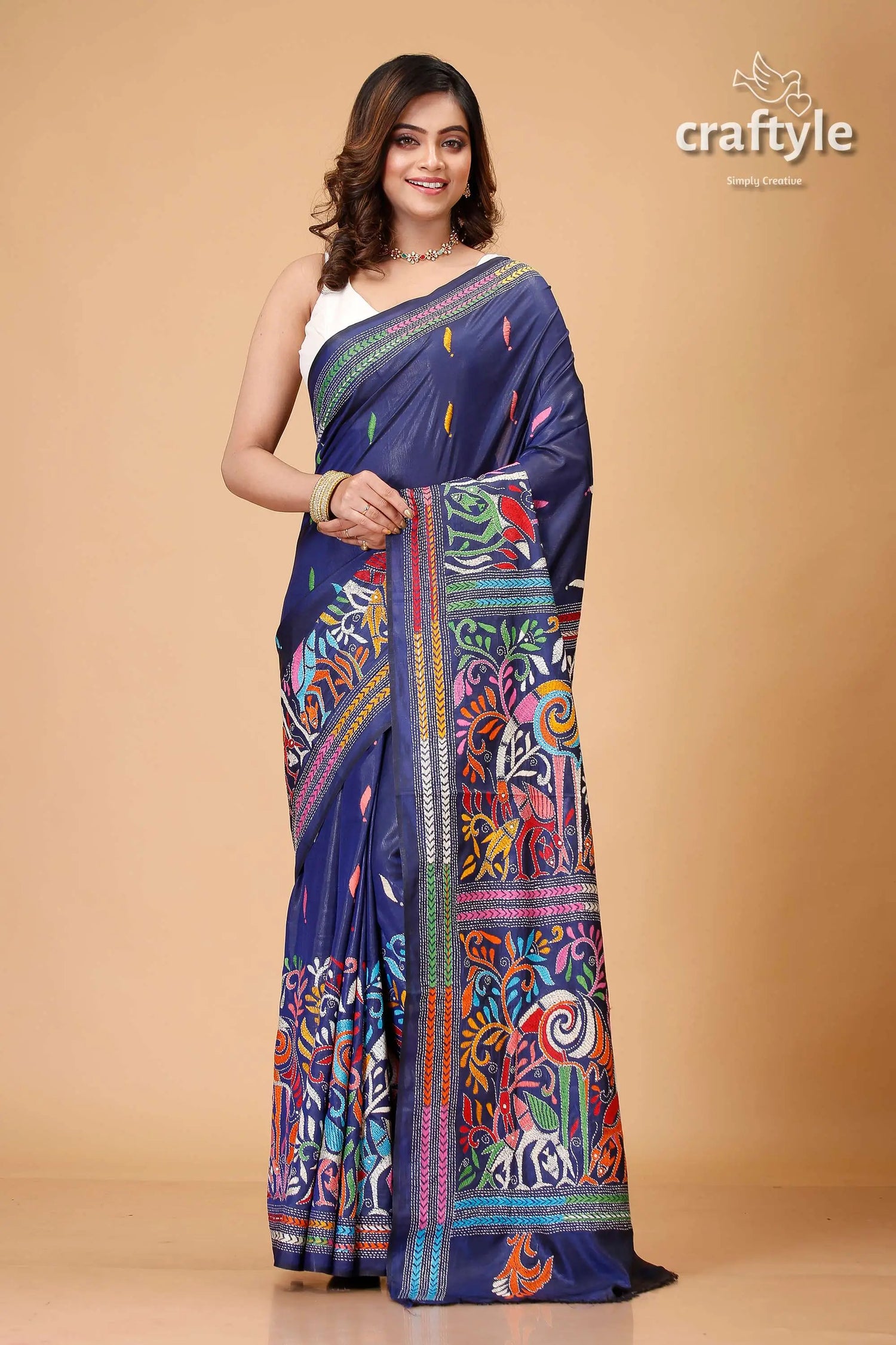Dark navy blue multicolor theme silk kantha stitch saree blue saree colorful embroidered border 1