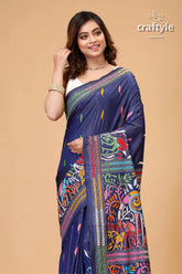 Dark navy blue multicolor theme silk kantha stitch saree blue saree colorful embroidered border 2
