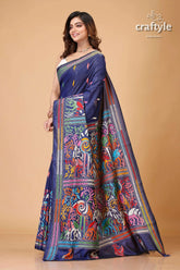 Dark navy blue multicolor theme silk kantha stitch saree navy blue saree colorful embroidered 3