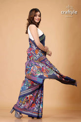 Dark navy blue multicolor theme silk kantha stitch saree woman colorful patterned saree 4