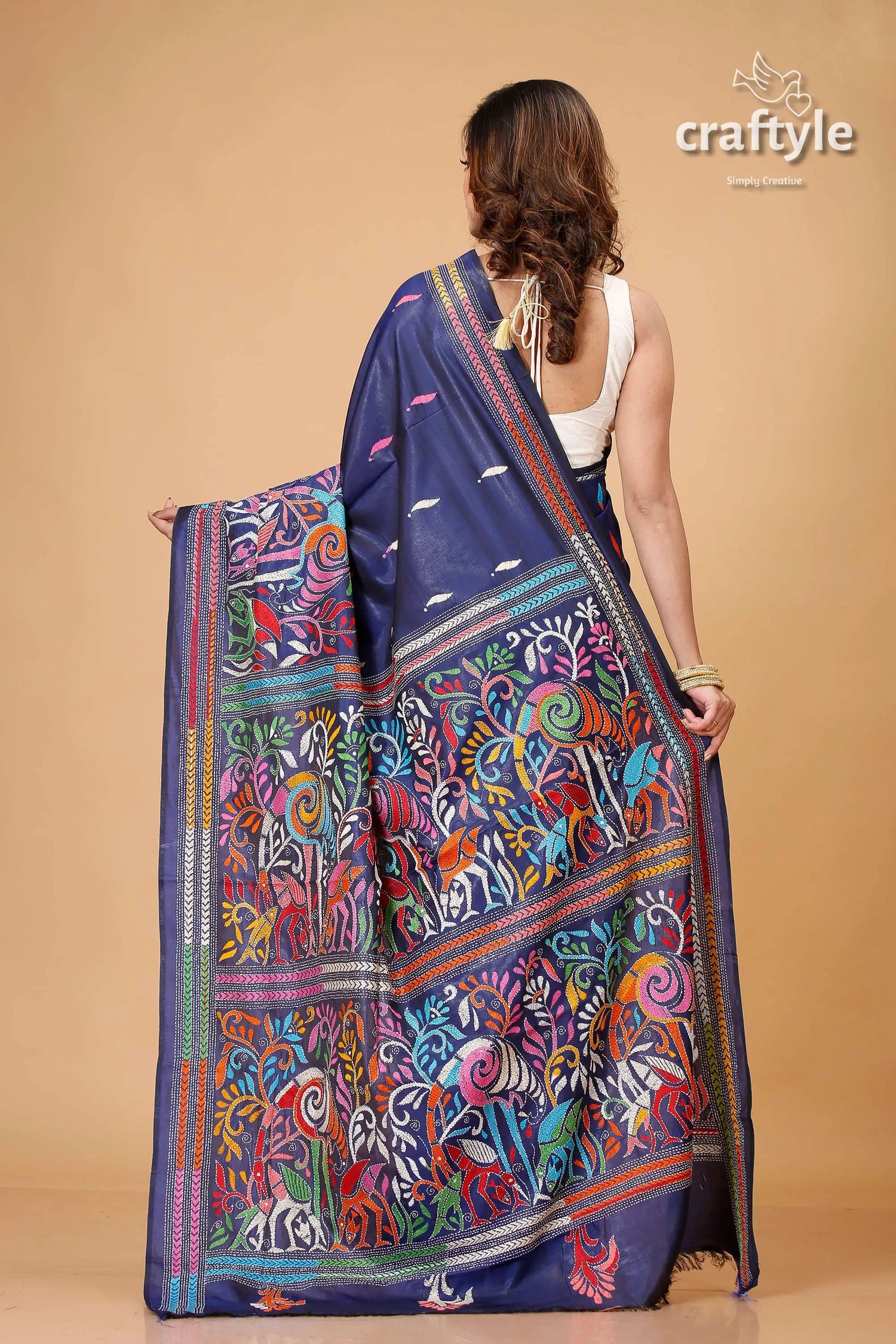 Dark navy blue multicolor theme silk kantha stitch saree intricately embroidered blue saree 5