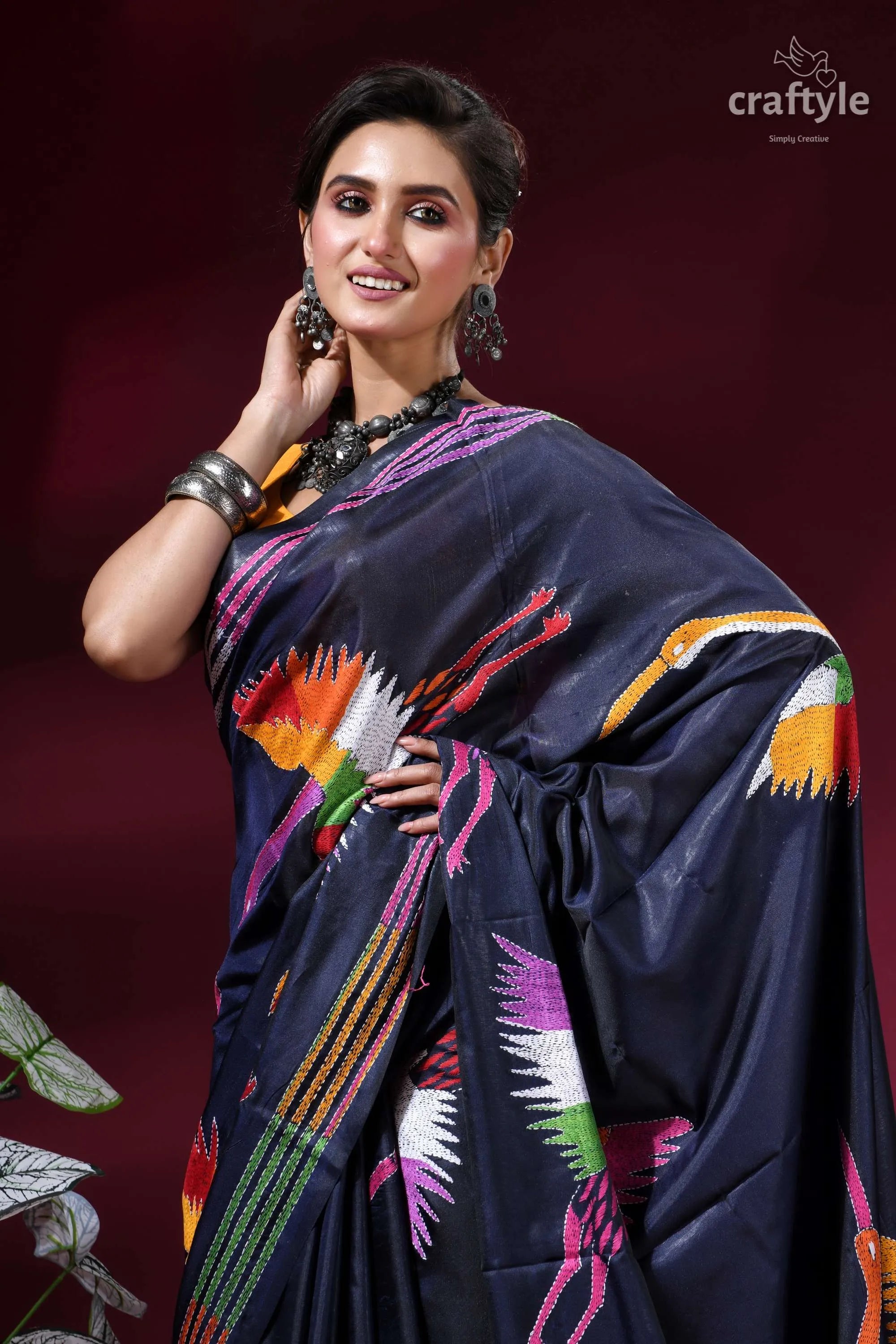 Dark navy blue silk kantha stitch saree with multicolor heron design navy blue silk saree vibrant 2
