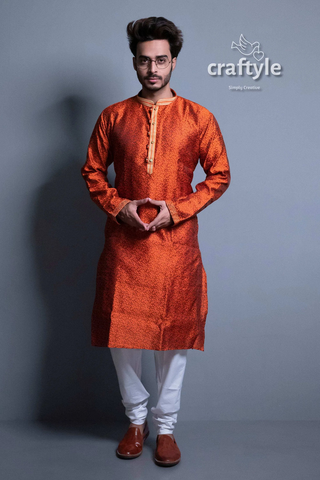 Dark orange self design embroidery work mens kurta man pajama 2