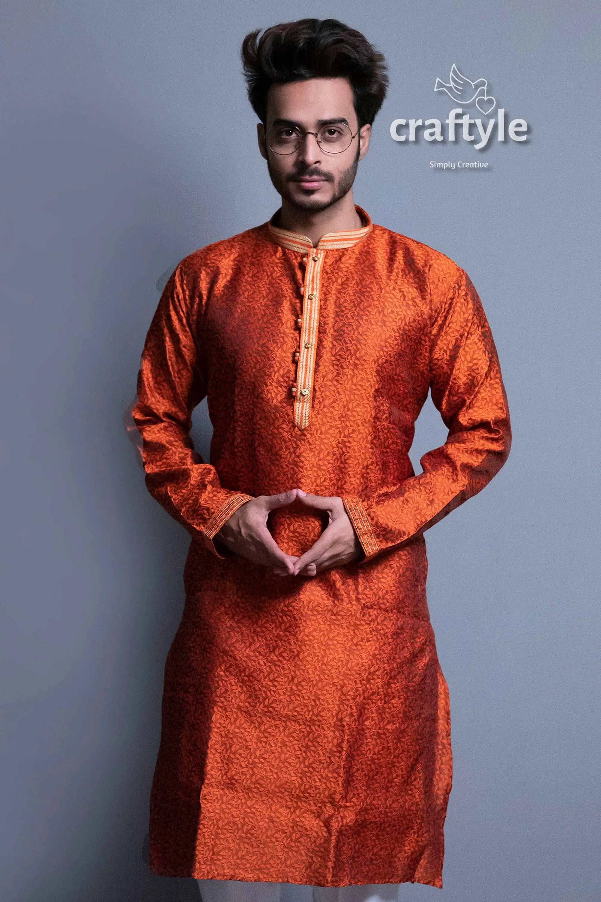 Dark orange self design embroidery work mens kurta orange patterned kurta 3