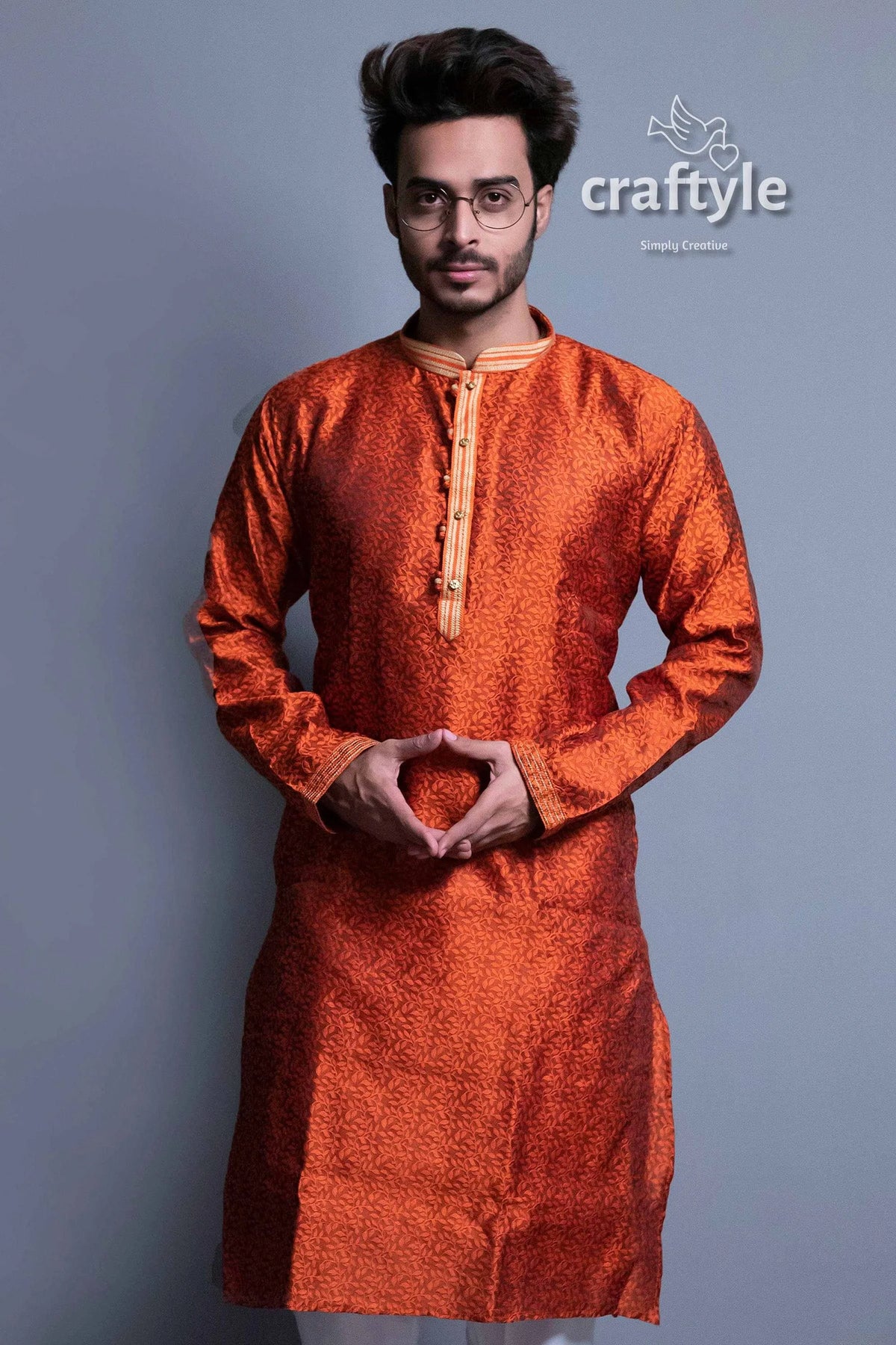 Dark orange self design embroidery work mens kurta patterned 3