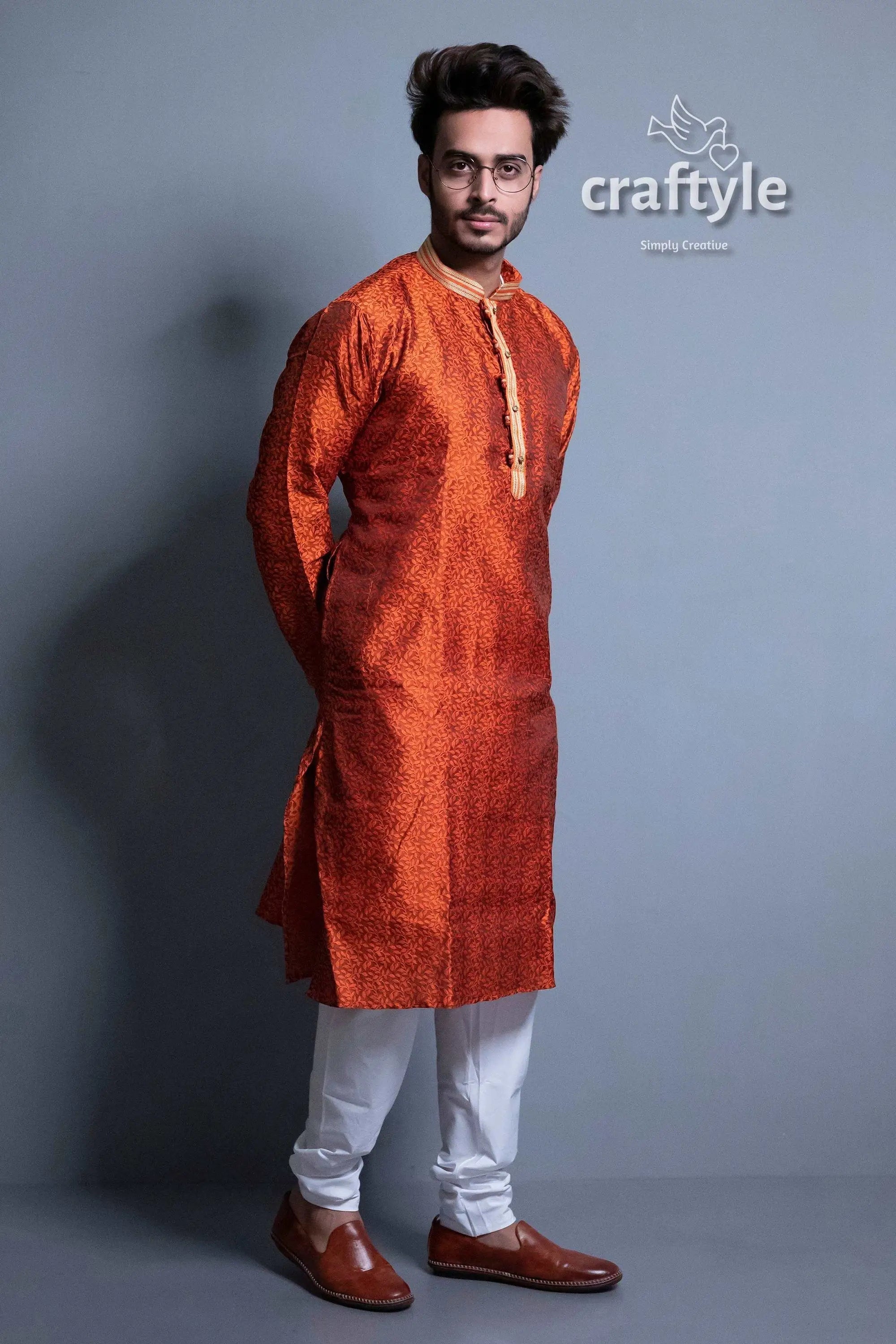 Dark orange self design embroidery work mens kurta man orange kurta white pants 4