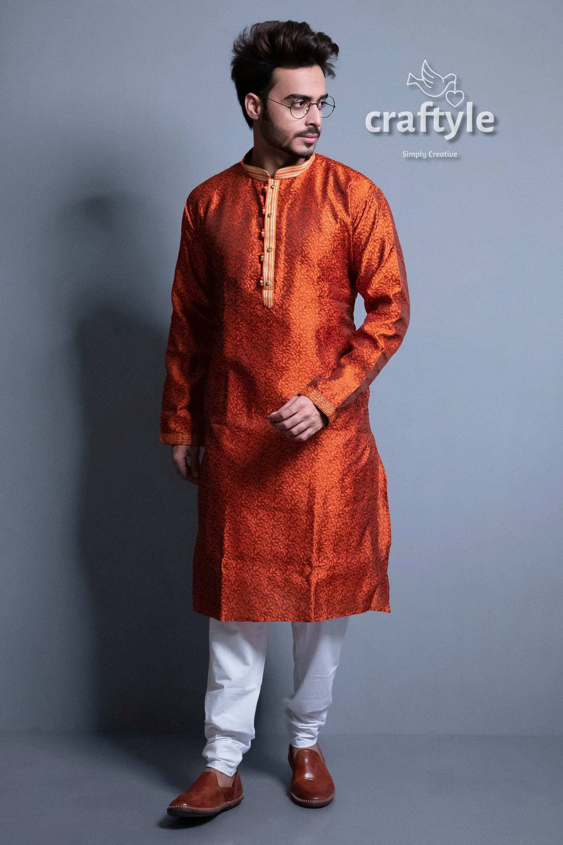 Dark orange self design embroidery work mens kurta silk pajama set 1