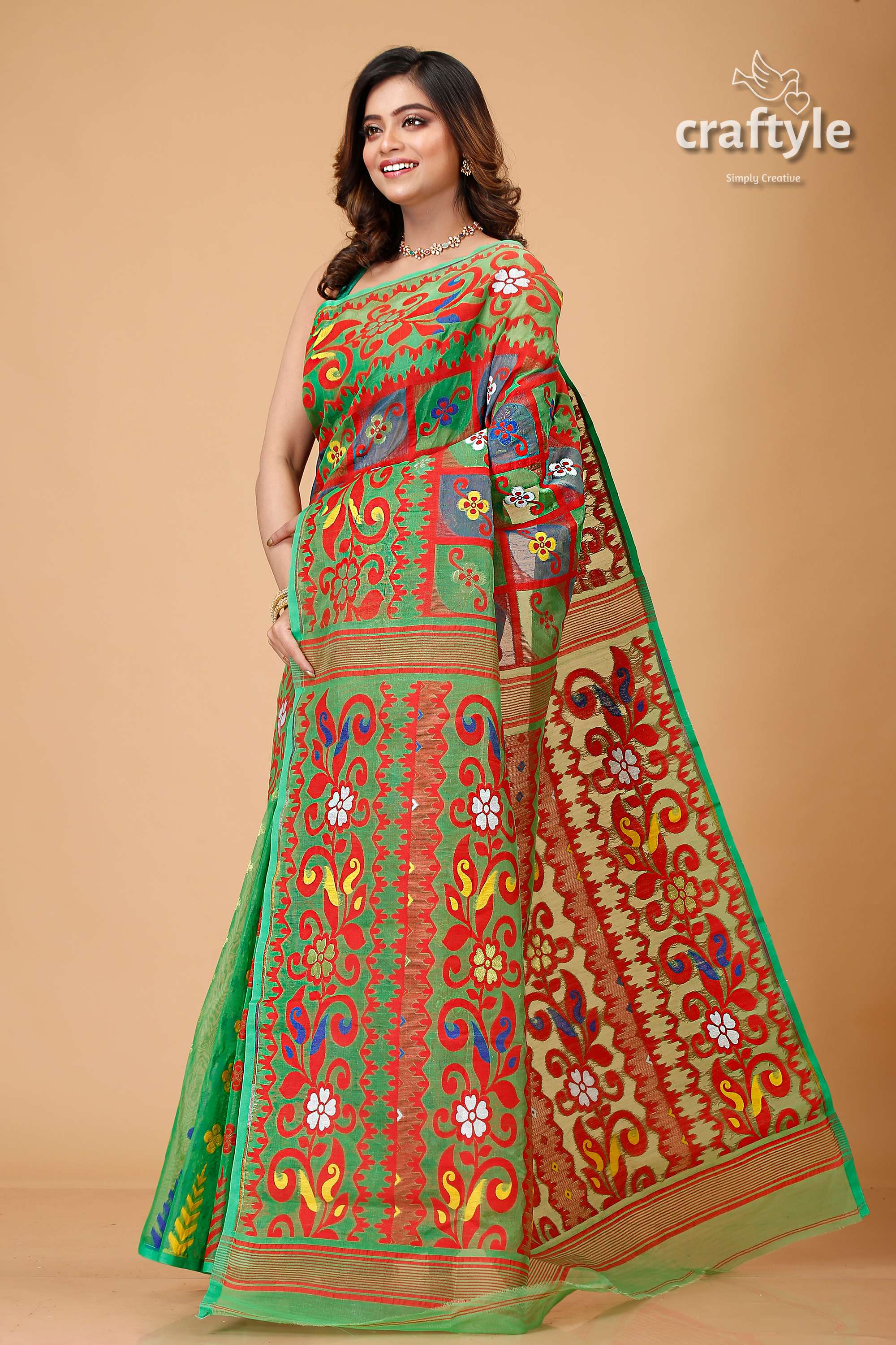Dark Pastel Green Bengal Handloom Jamdani Sari-Craftyle