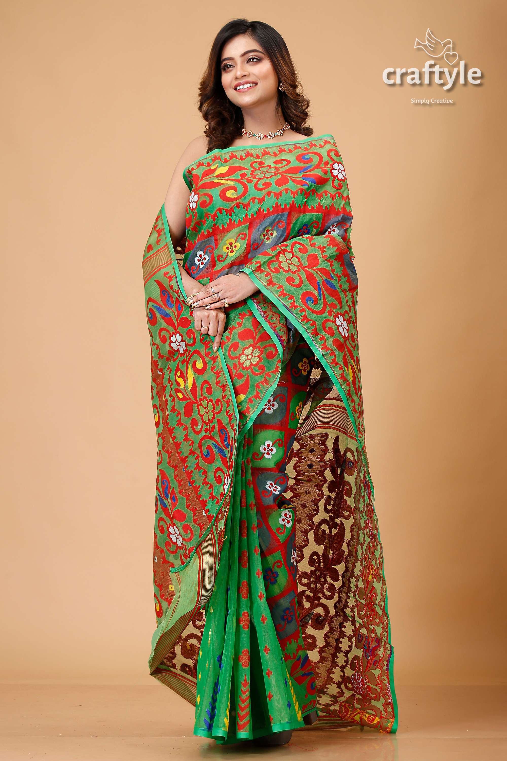 Dark Pastel Green Bengal Handloom Jamdani Sari-Craftyle