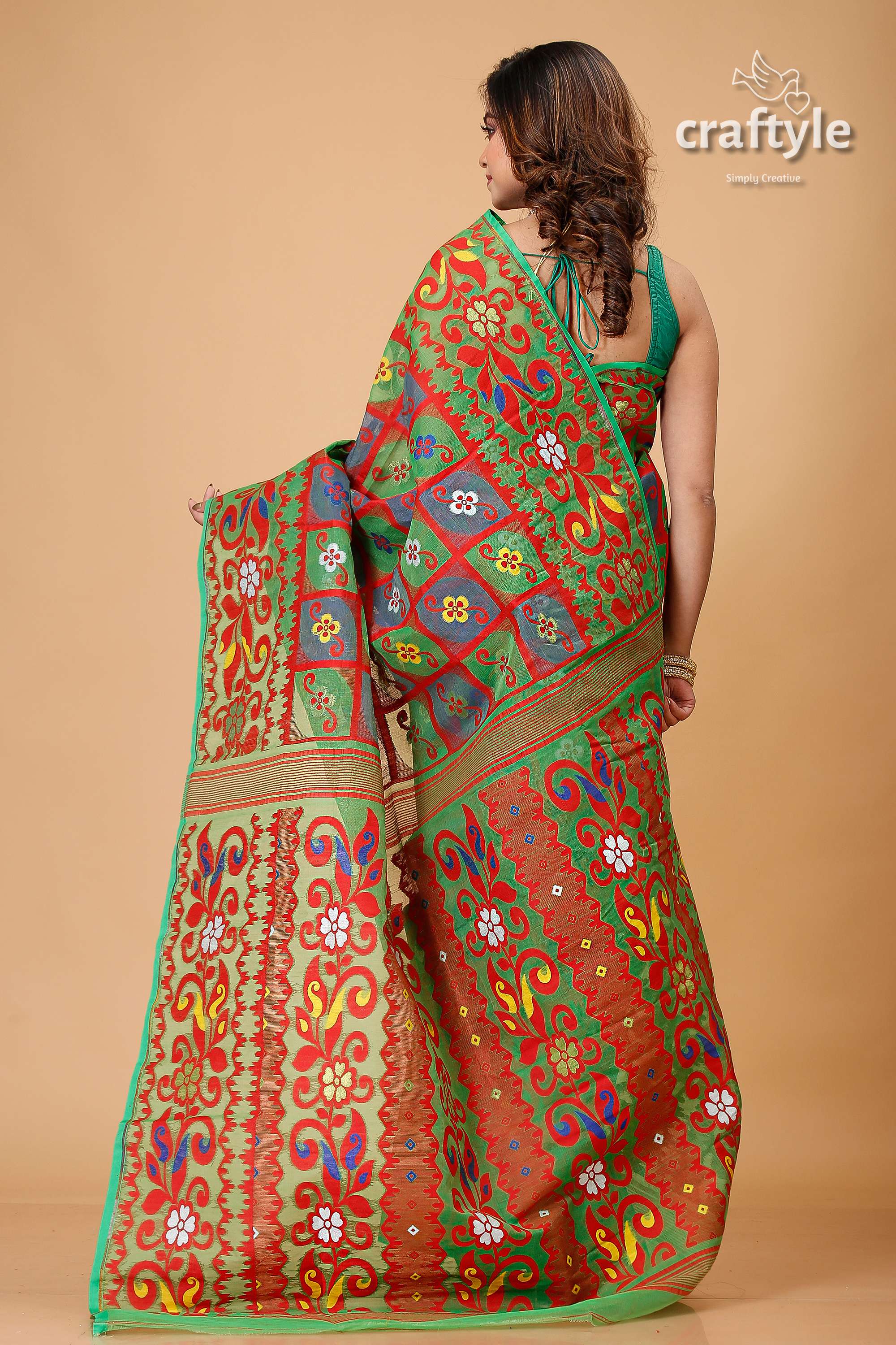 Dark Pastel Green Bengal Handloom Jamdani Sari-Craftyle