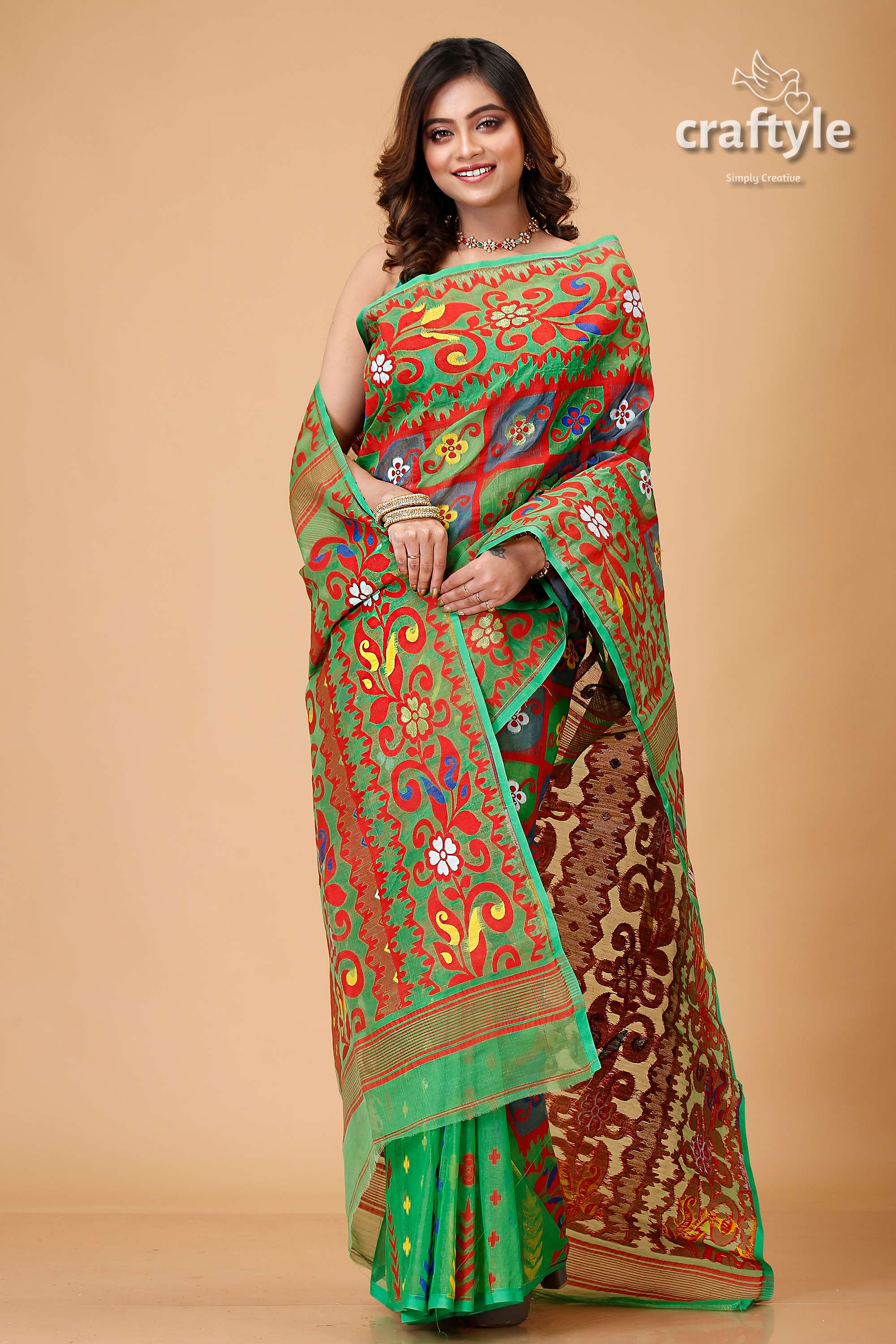 Dark Pastel Green Bengal Handloom Jamdani Sari-Craftyle