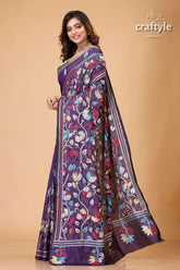 Dark purple floral design exquisite kantha stitch saree floral patterned purple saree 3