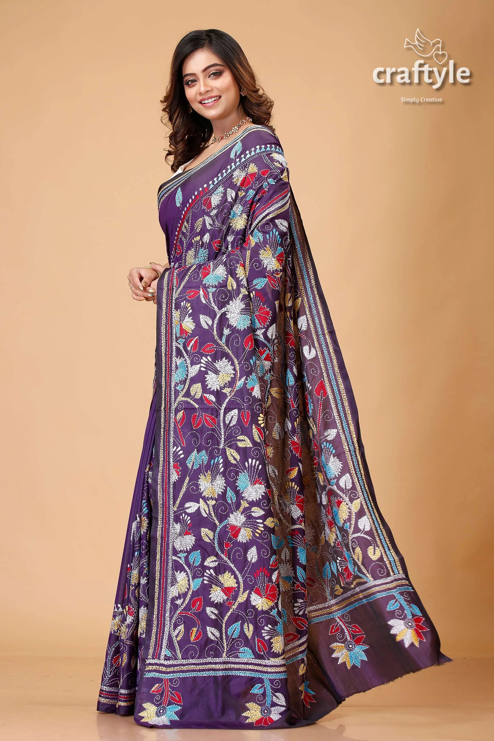 Dark purple floral design exquisite kantha stitch saree floral-patterned purple saree 3
