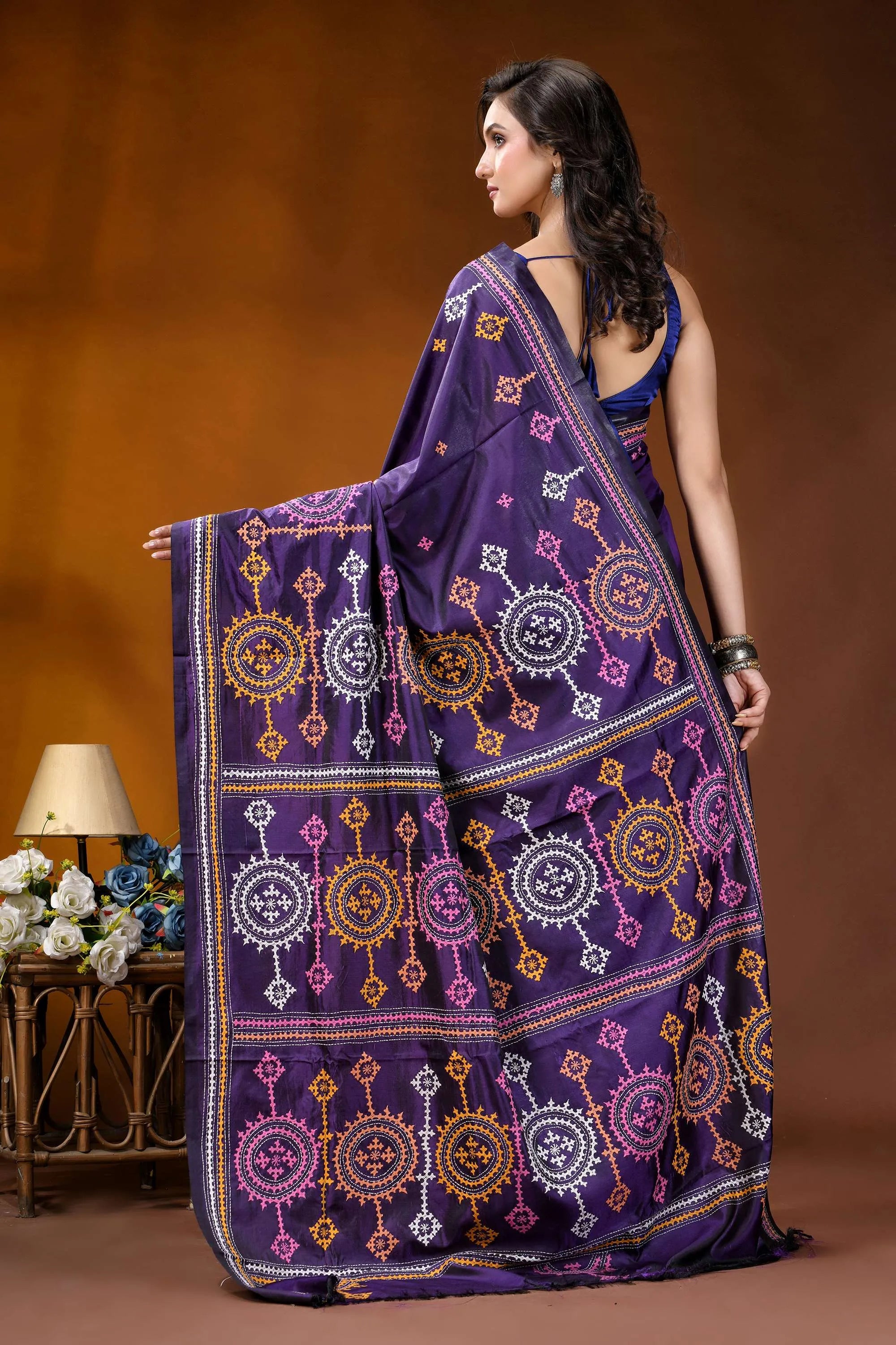Dark purple multithread circular motif kutch embroidery silk saree purple saree intricate geometric floral 5