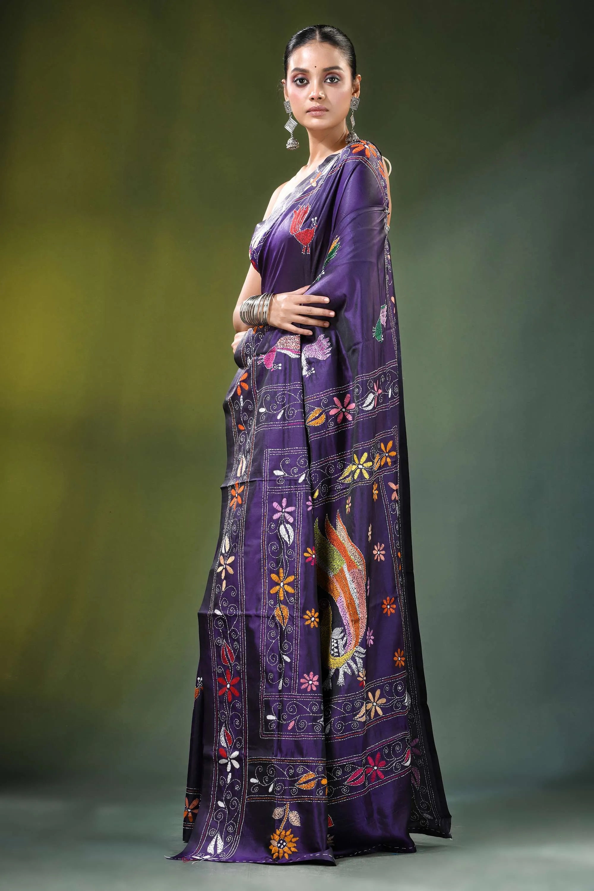 Dark purple peacock motif handcrafted silk kantha stitch saree rich adorned 3