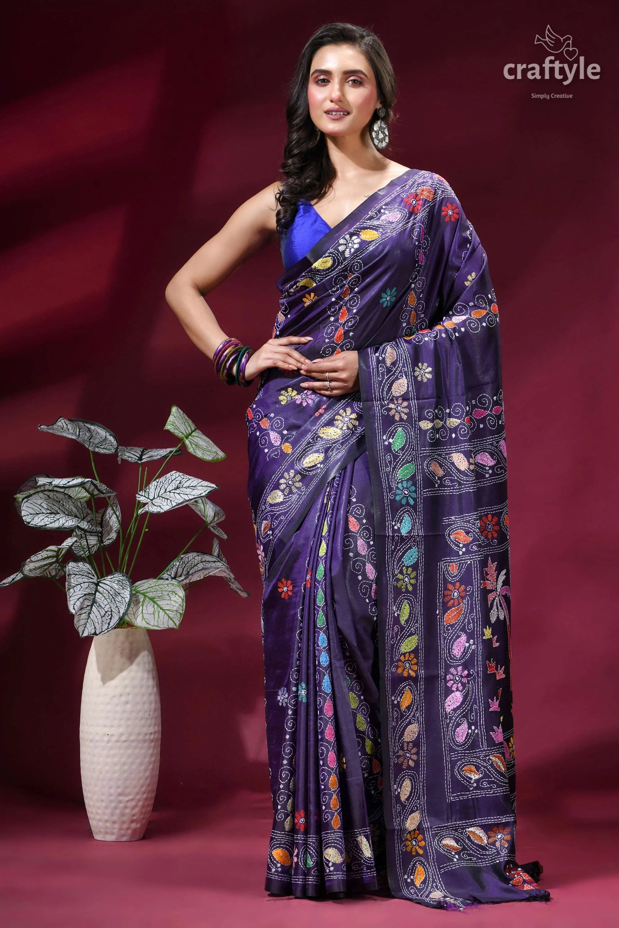 Dark purple silk kantha embroidery saree with palki theme deep purple saree intricate colorful 6
