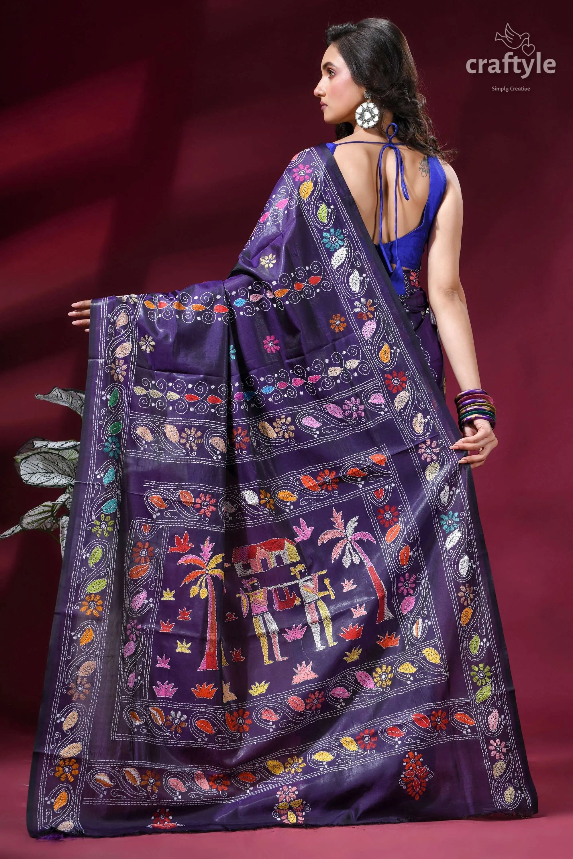 Dark purple silk kantha embroidery saree with palki theme purple silk saree intricate multicolored 4