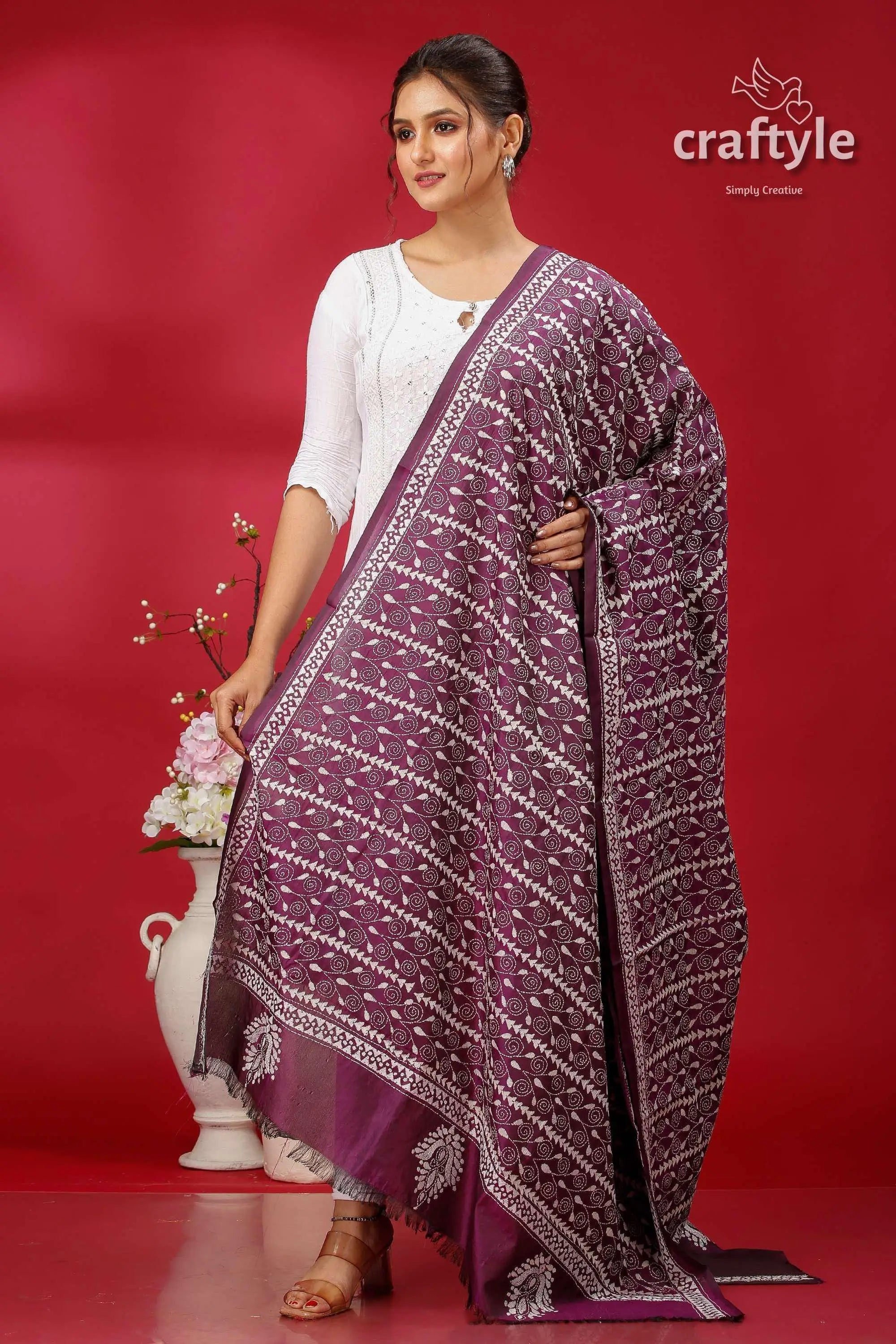 Dark purple-white silk kantha dupatta - hand embroidered shawl purple white bandhani saree intricate 3