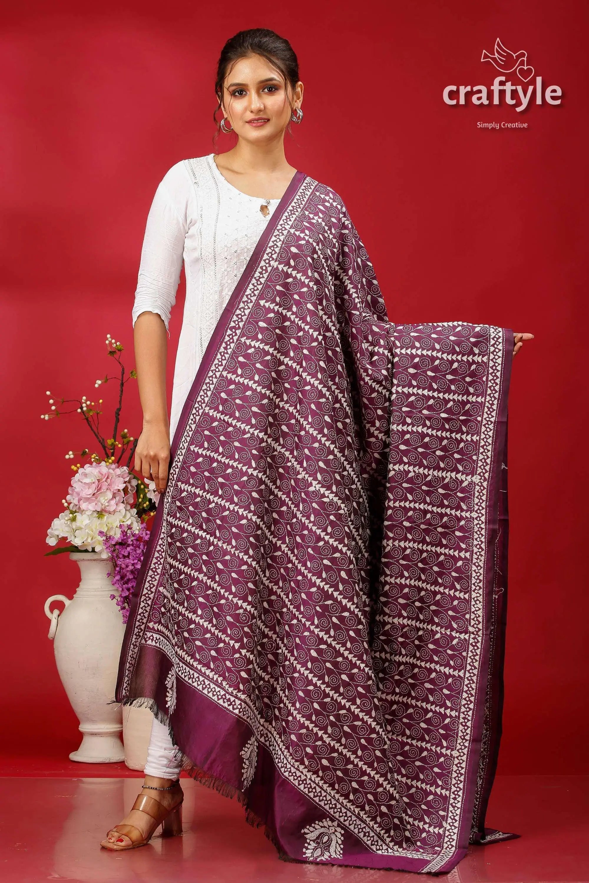 Dark purple-white silk kantha dupatta - hand embroidered shawl purple white striped sari intricate 1