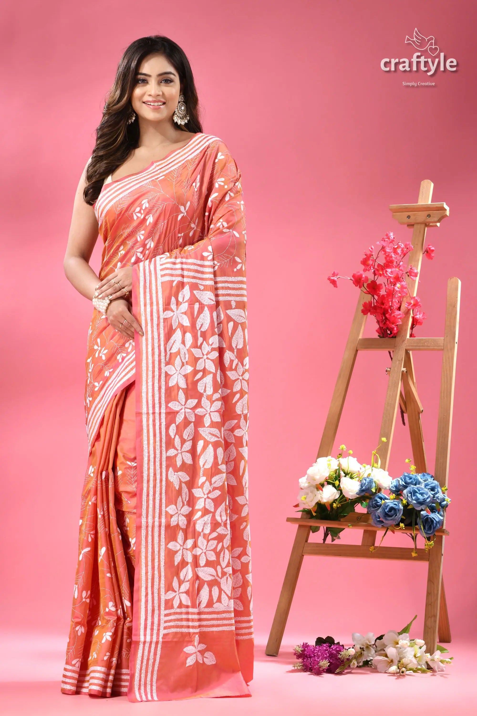 Dark salmon dualtone floral ethnic silk kantha saree peach colored saree white floral patterns 6