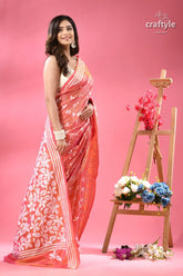 Dark salmon dualtone floral ethnic silk kantha saree woman peach colored saree white floral 3