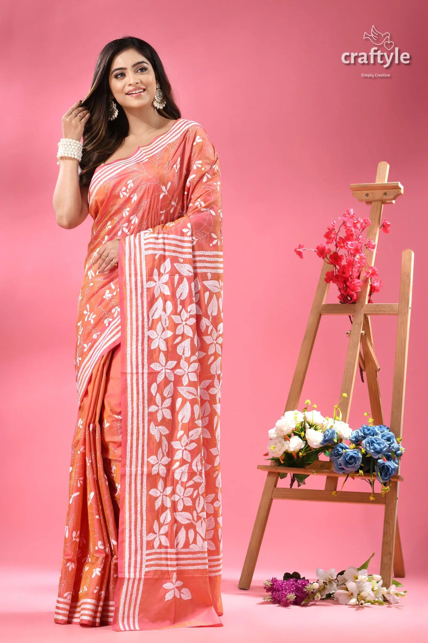 Dark salmon dualtone floral ethnic silk kantha saree peach colored saree white floral embroidery 1