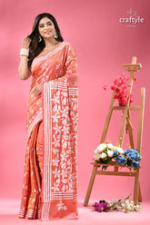 Dark salmon dualtone floral ethnic silk kantha saree peach colored saree white floral embroidery 1