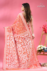 Dark salmon dualtone floral ethnic silk kantha saree peach colored saree white floral patterns 4