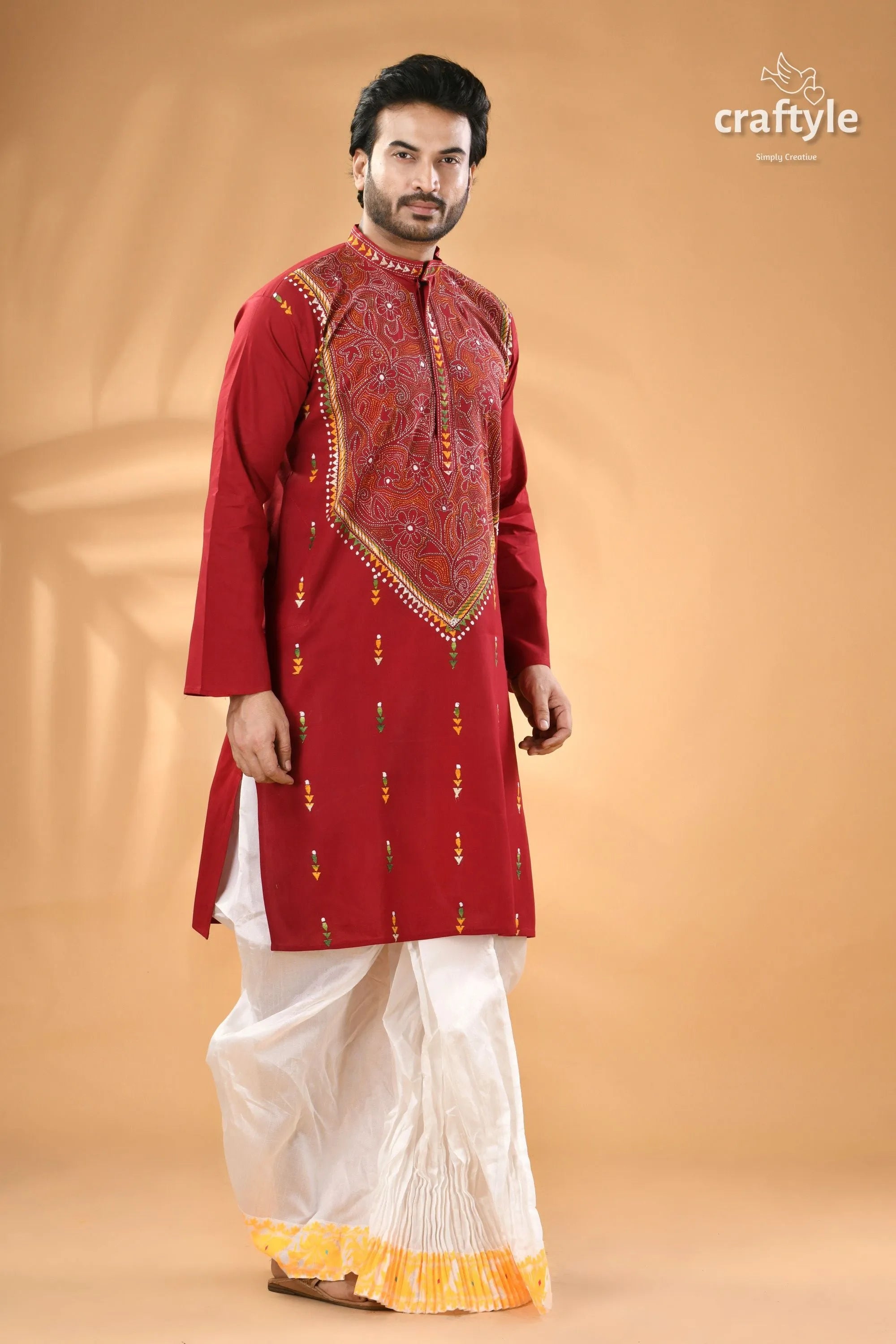 Dark scarlet kantha stitch ethnic cotton kurta for men - reverse men’s red embroidered white 3