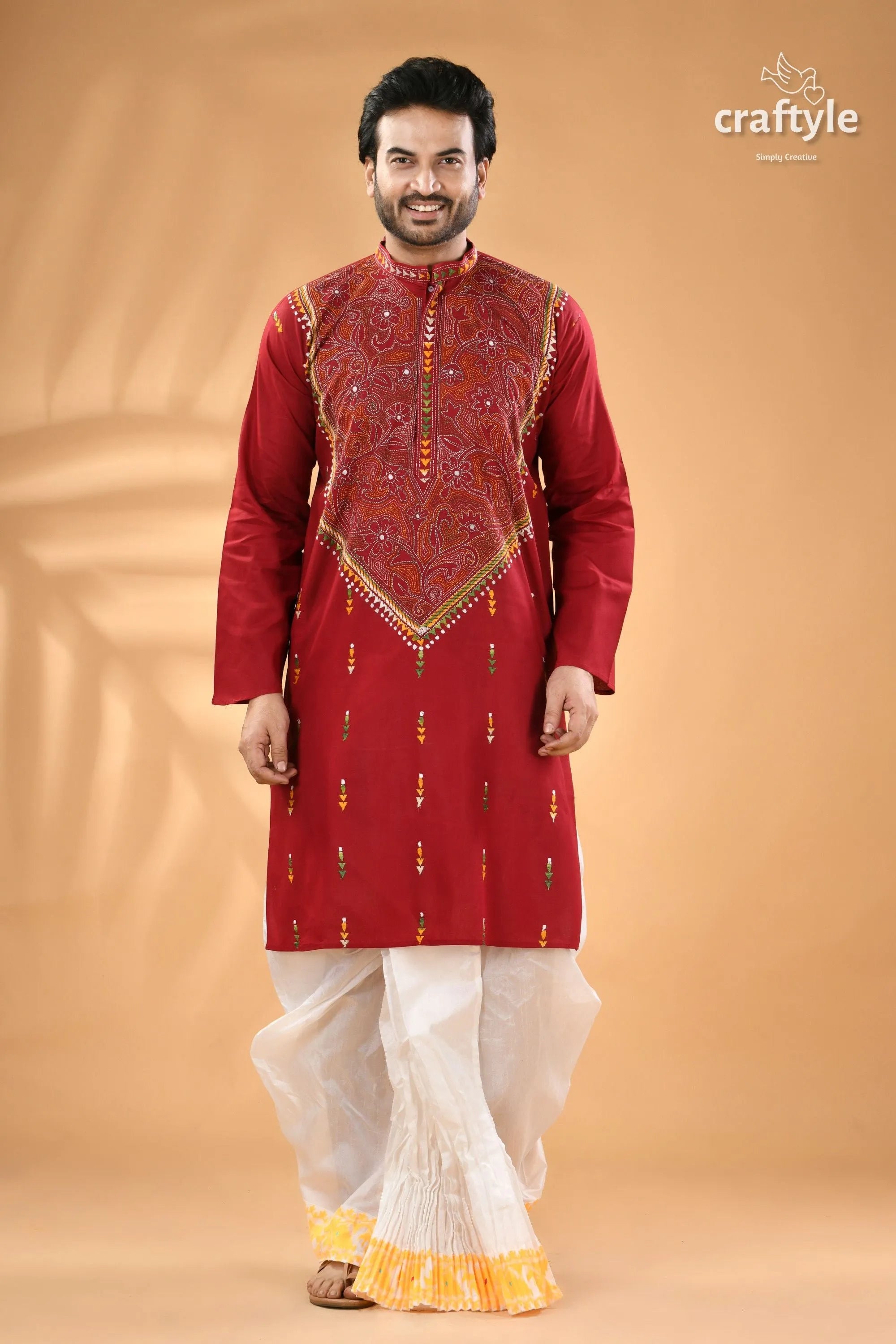 Dark scarlet kantha stitch ethnic cotton kurta for men - reverse red embroidered men’s white 4