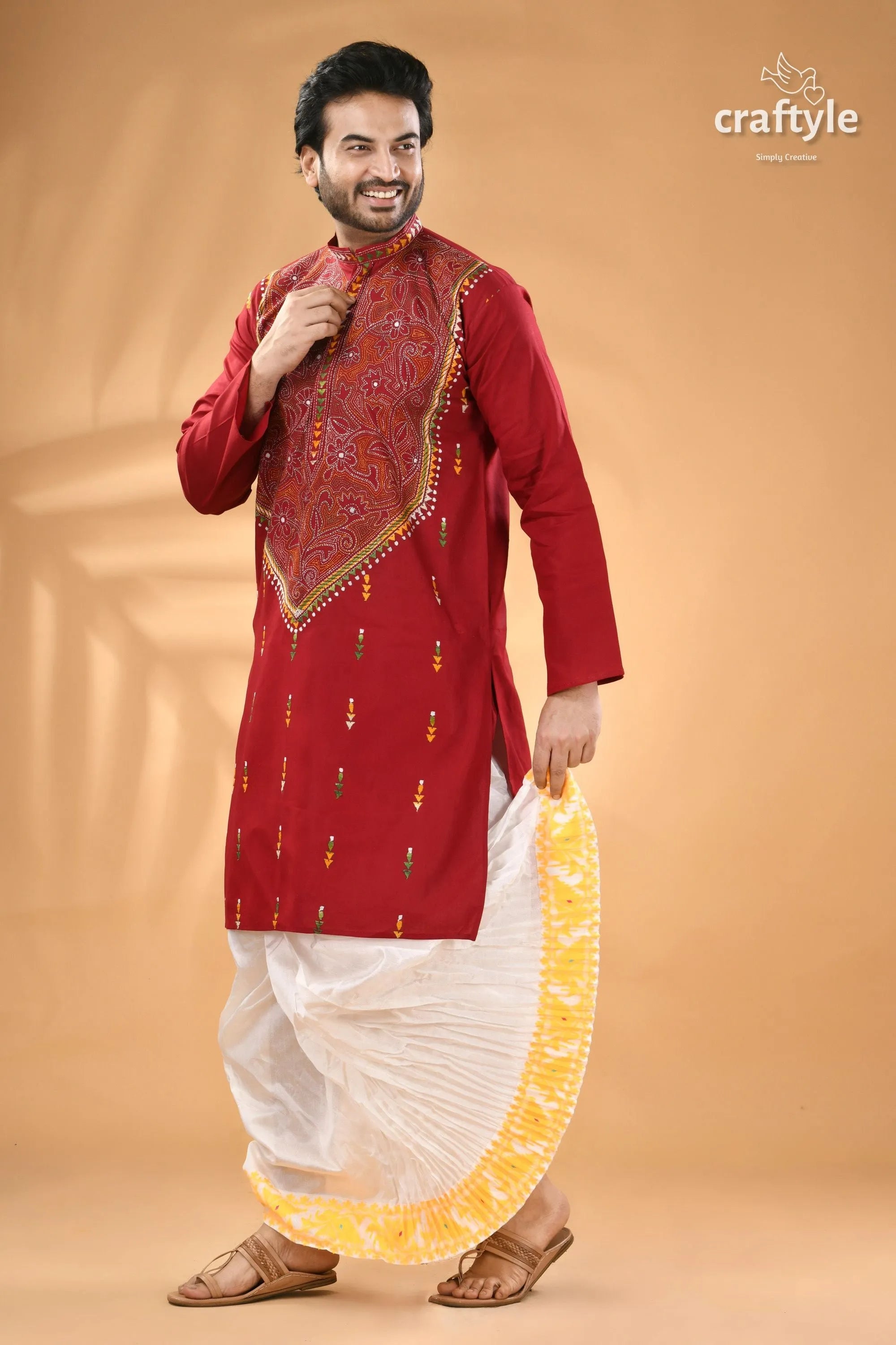 Dark scarlet kantha stitch ethnic cotton kurta for men - reverse man’s red intricate embroidery 5