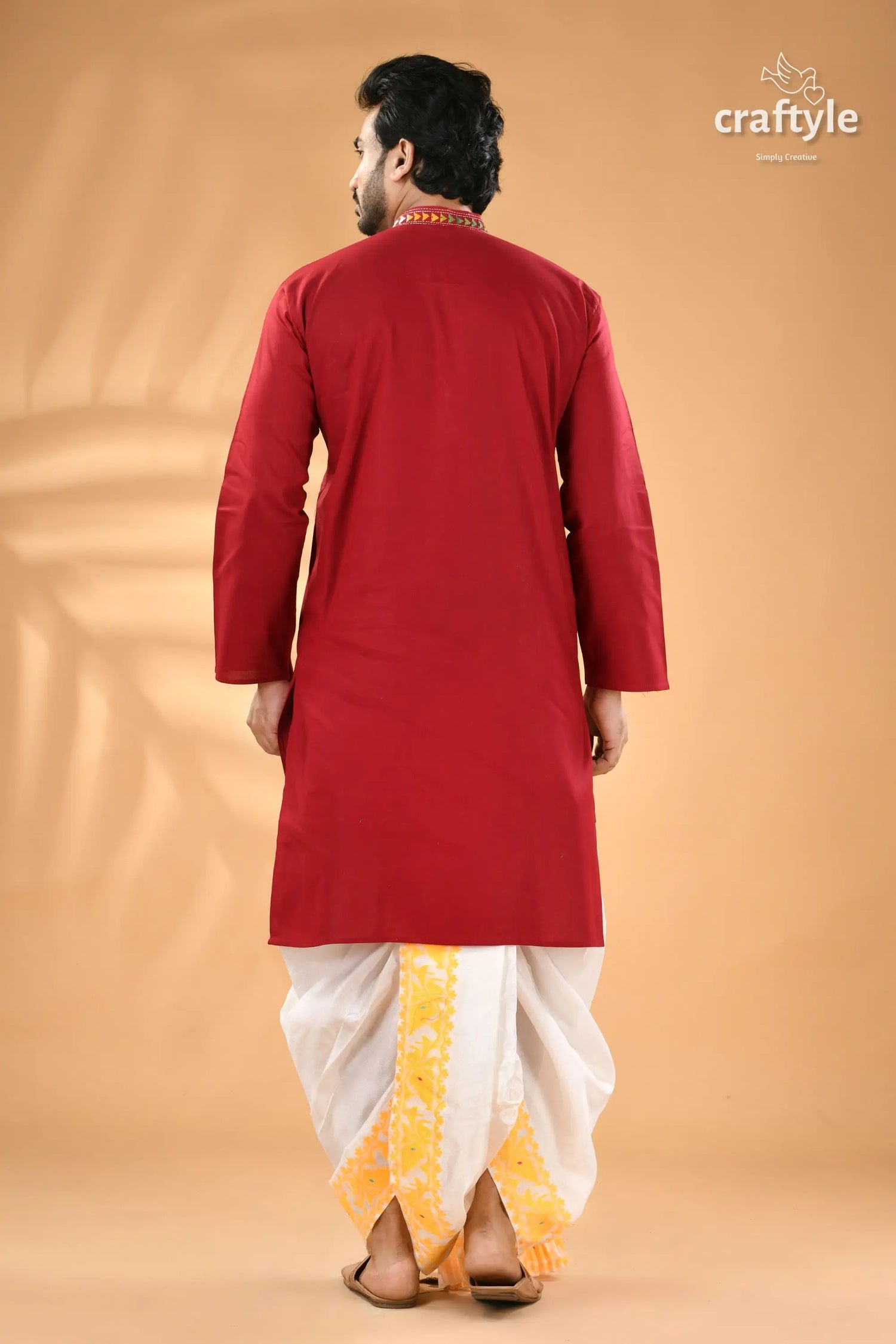 Dark scarlet kantha stitch ethnic cotton kurta for men reverse red long sleeved kurta white dhoti 6