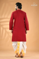 Dark scarlet kantha stitch ethnic cotton kurta for men reverse red long sleeved kurta white dhoti 6