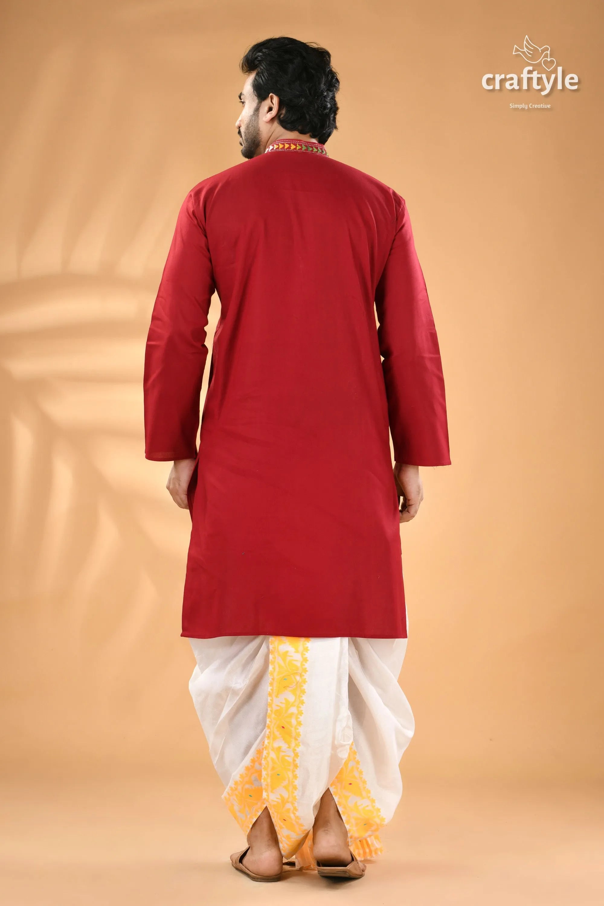 Dark scarlet kantha stitch ethnic cotton kurta for men - reverse red long-sleeved white dhoti 6