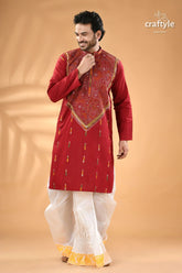 Dark scarlet kantha stitch ethnic cotton kurta for men reverse red men’s kurta intricate embroidery 1