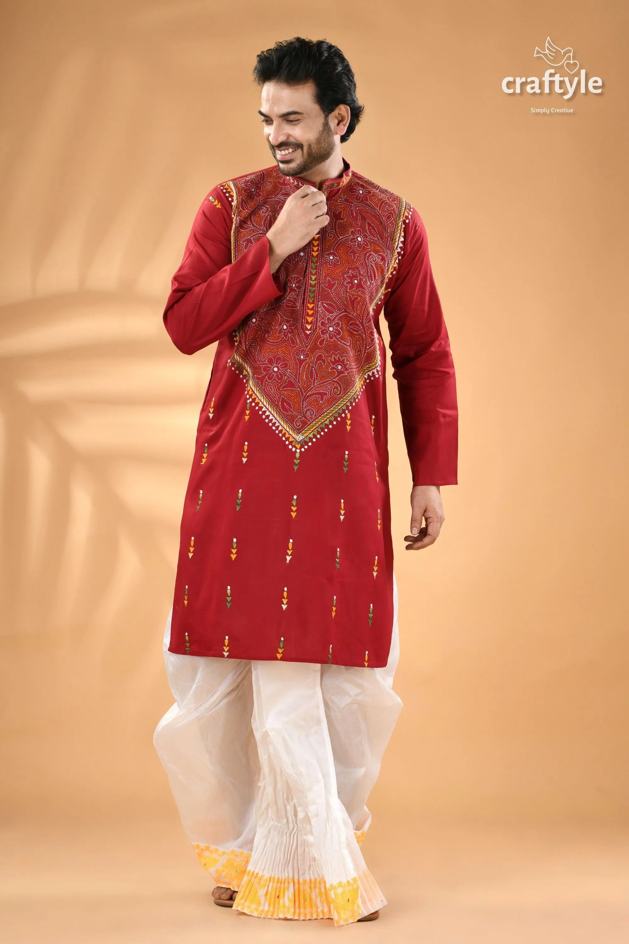 Dark scarlet kantha stitch ethnic cotton kurta for men - reverse red men’s intricate embroidery 1