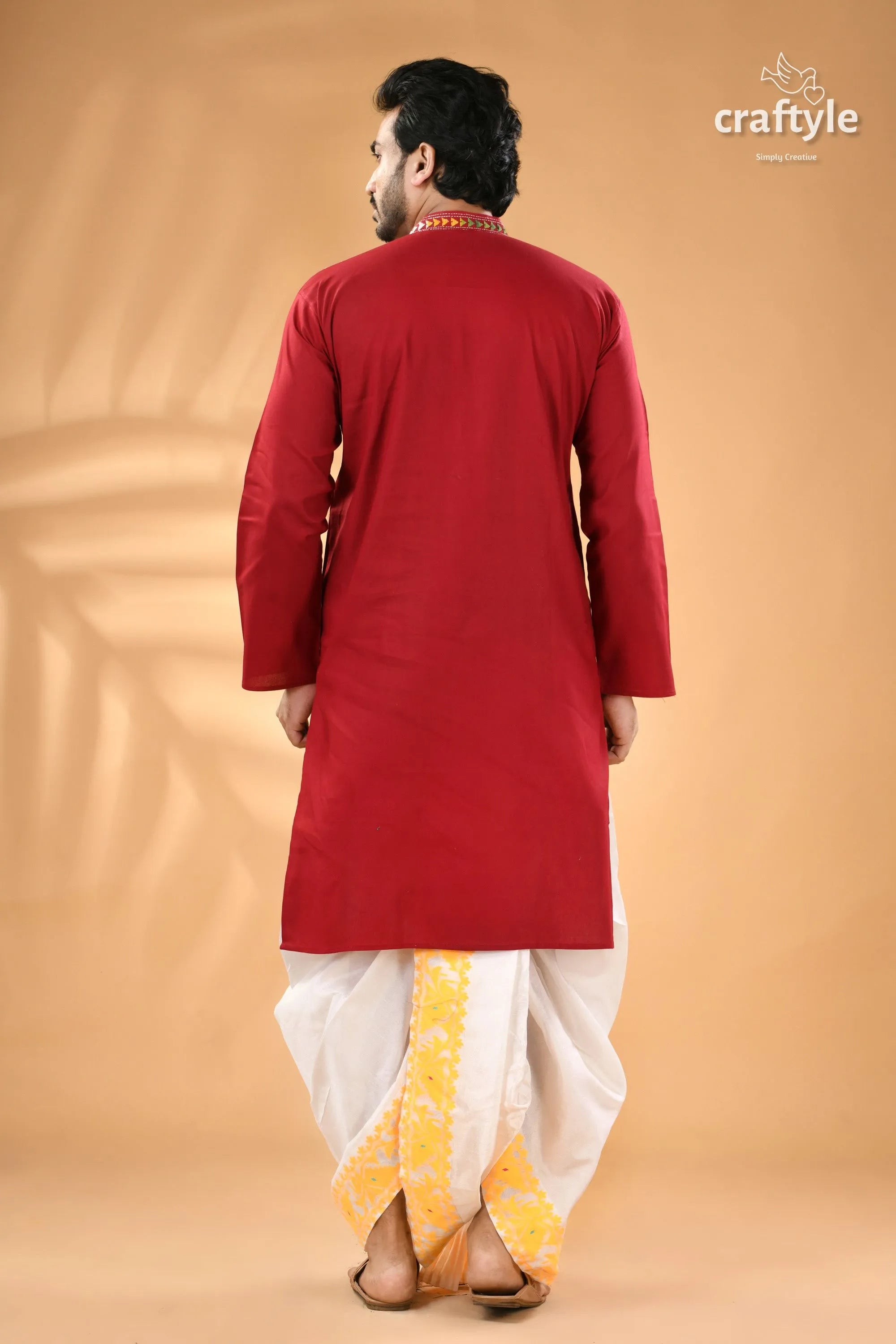 Dark scarlet kantha stitch ethnic cotton kurta for men - reverse men’s red long-sleeved white 7