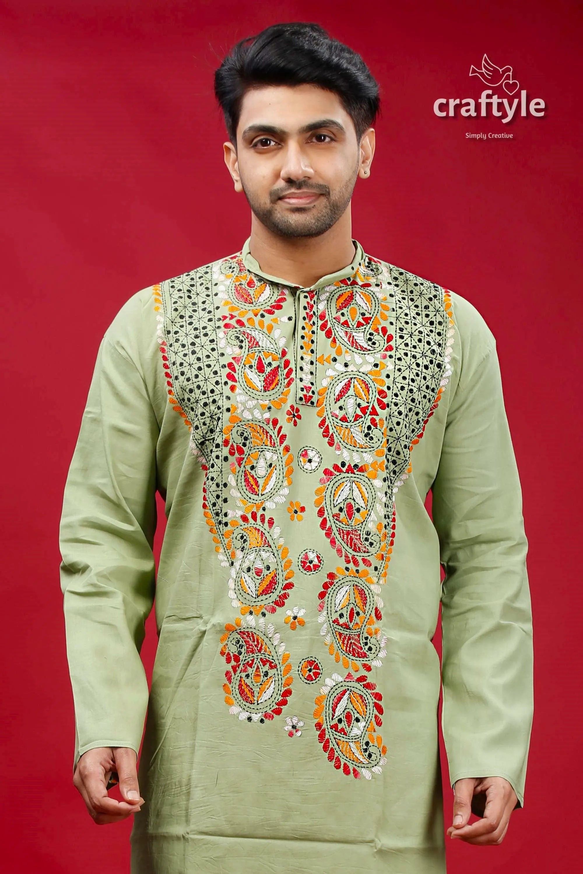 Dark sea green kantha work hand embroidery men’s kurta embroidered light 2