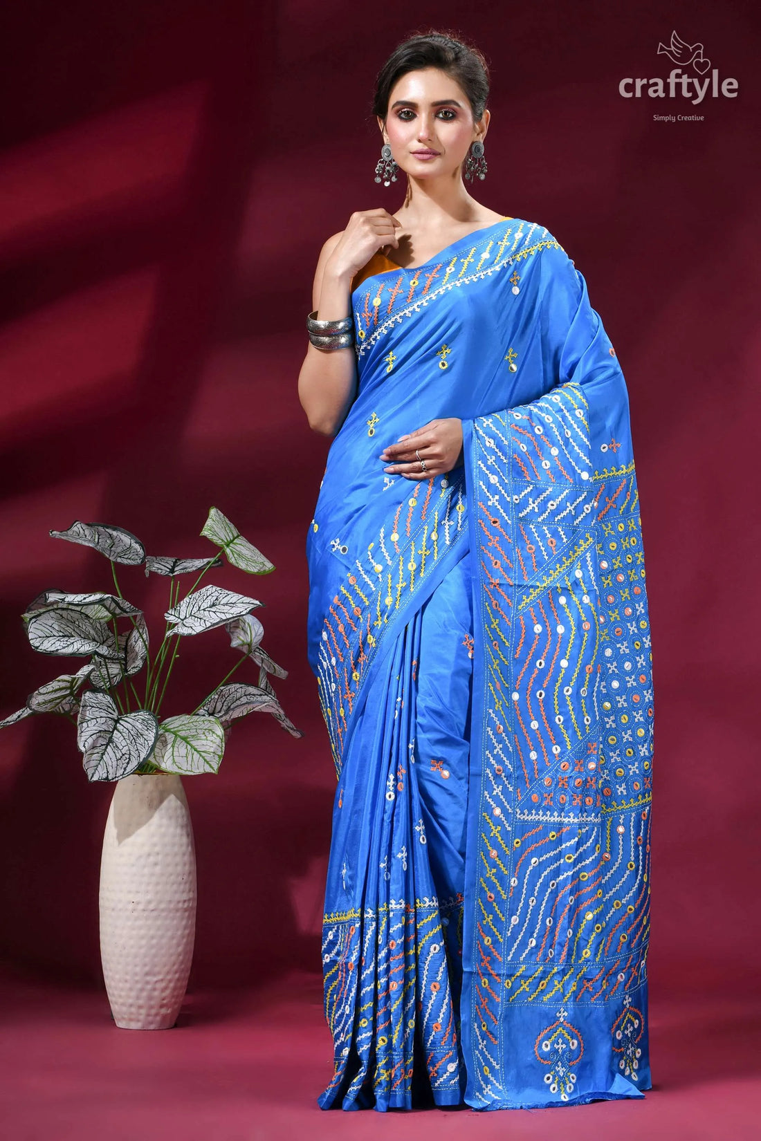 Dark sky blue multi-thread silk gujrati stitch saree - mirror work vibrant blue silk saree adorned 1